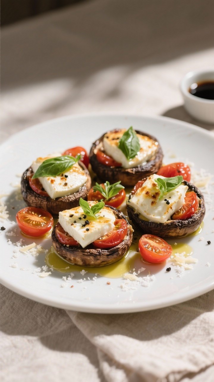 Final dish, top view: Overhead shot of Caprese stuffed portobello mushrooms on a matte white platter