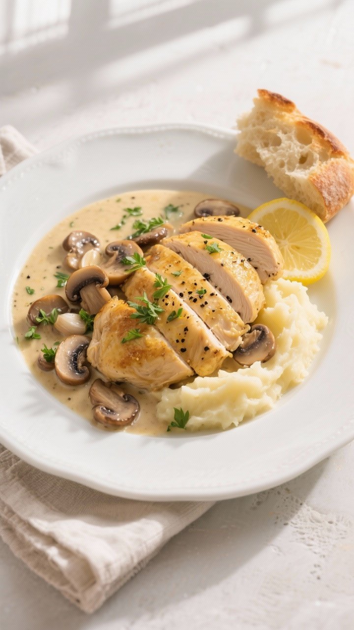 Final dish, top view: Overhead shot of creamy garlic mushroom chicken plated with mashed potatoes; s