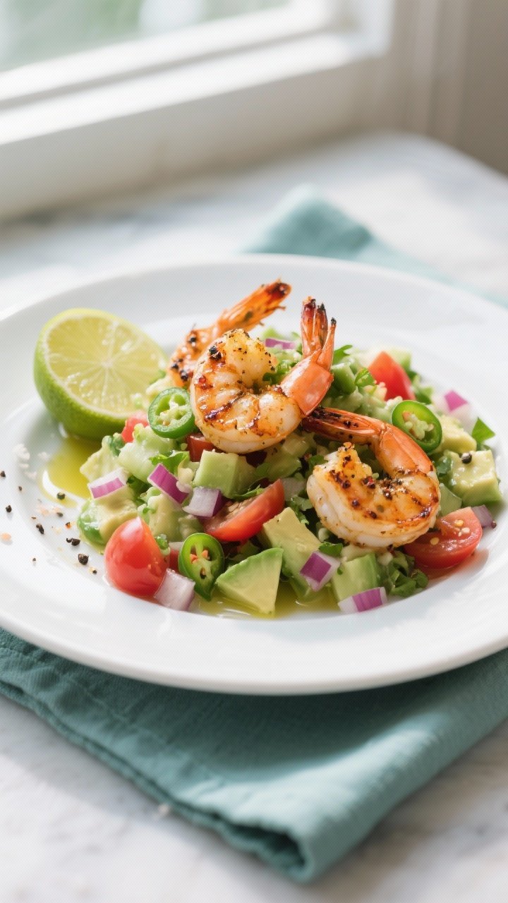 Final plated beauty: Restaurant-quality plate of lime chili grilled shrimp over a generous mound of