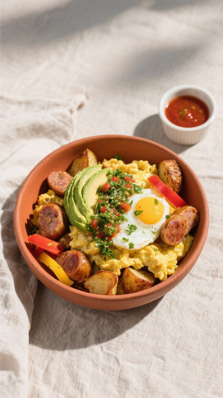 Final plated bowl: Beautifully assembled Chicken Sausage and Egg Scramble Bowl over roasted potatoes
