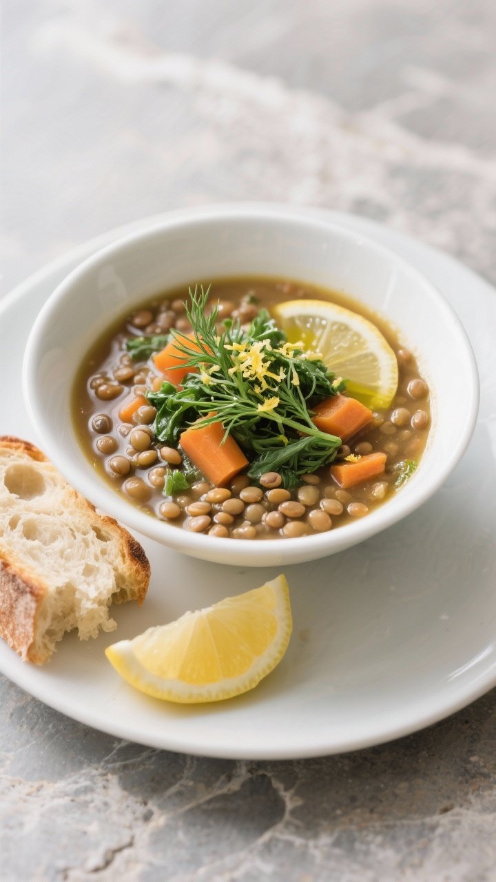 Final plated bowl, beauty shot: Restaurant-quality presentation of the finished lentil soup in a sha