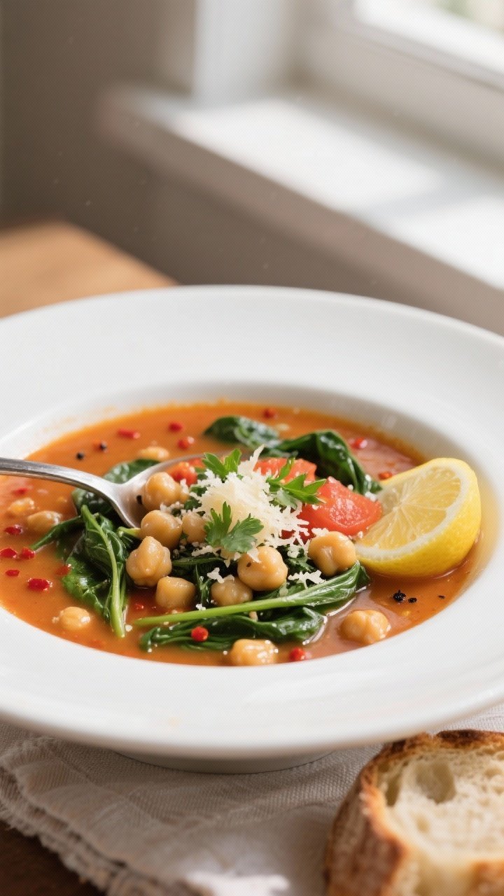 Final plated, close-up: Close-up, of a ladled bowl of Chickpea Spinach Protein Soup, restaurant-qual