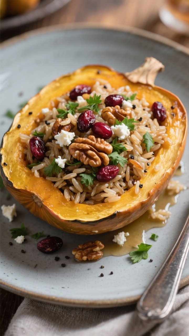 Final plated, close-up detail: Beautifully plated stuffed acorn squash on a matte ceramic plate, hea