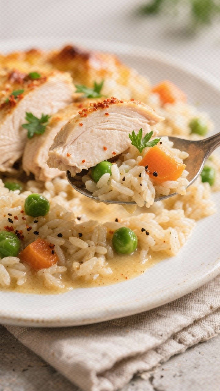 Final plated, close-up detail: Close-up, of a generous spoonful of the finished chicken and rice cas