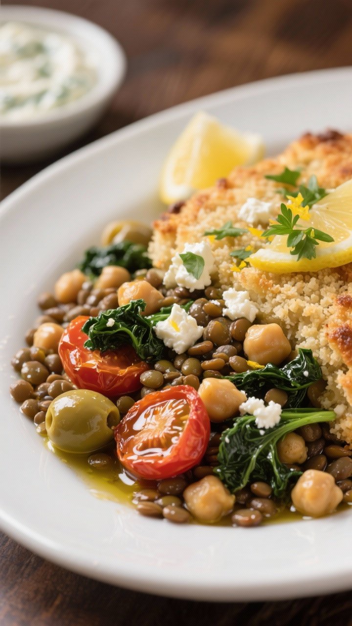 Final plated, close-up detail: Close-up three-quarter angle of a generous serving of the Chickpea &