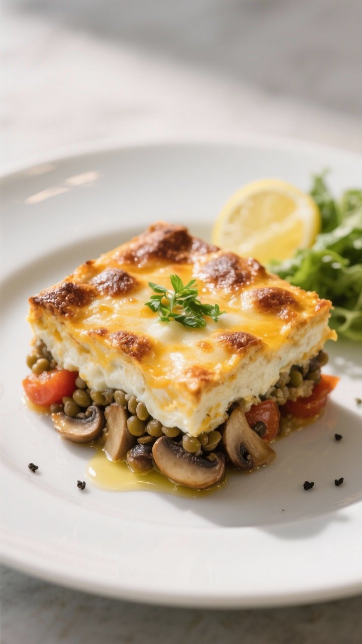 Final plated, close-up detail: Close-up three-quarter angle of a neatly sliced square of the Cheesy