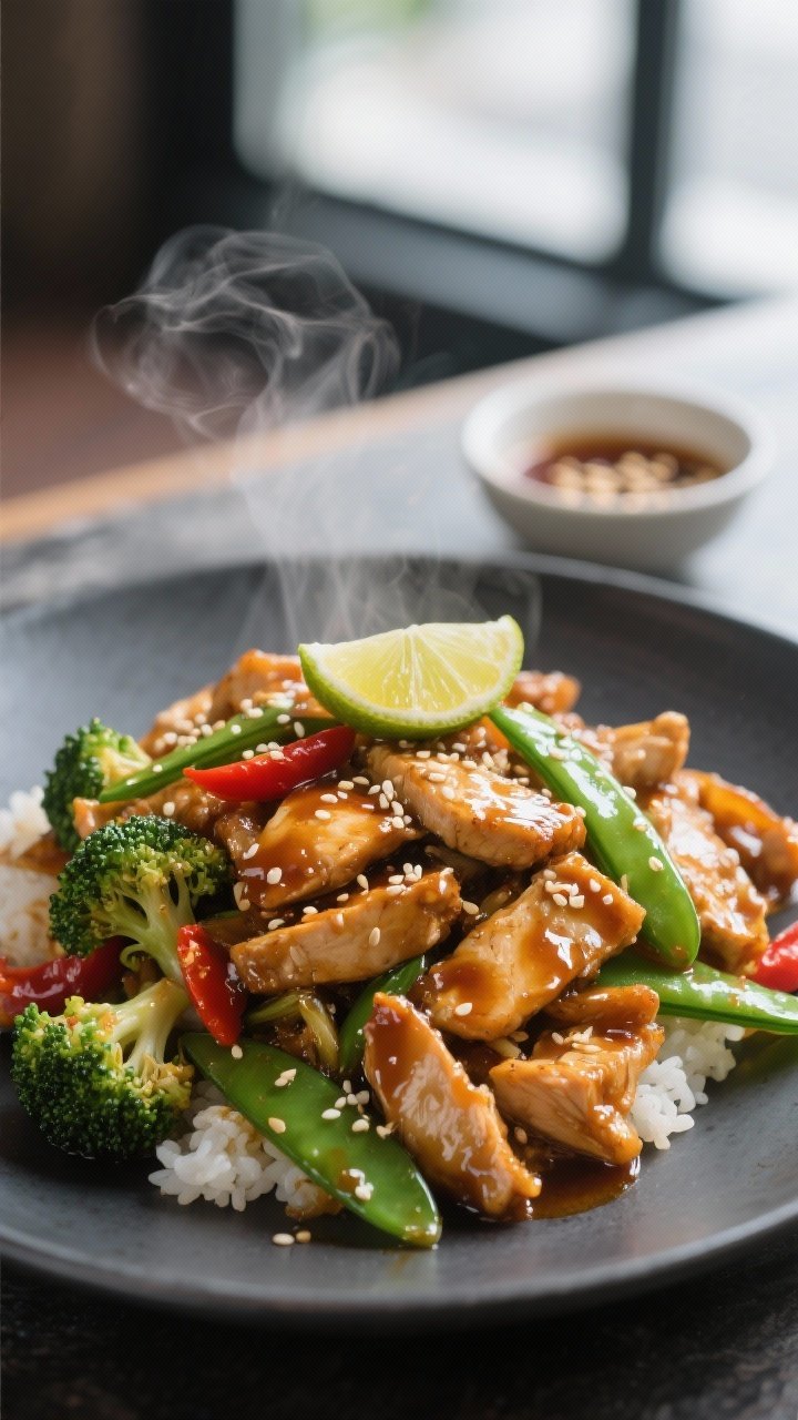 Final plated, close-up detail: Restaurant-quality plating of Honey Garlic Chicken Stir Fry piled hig