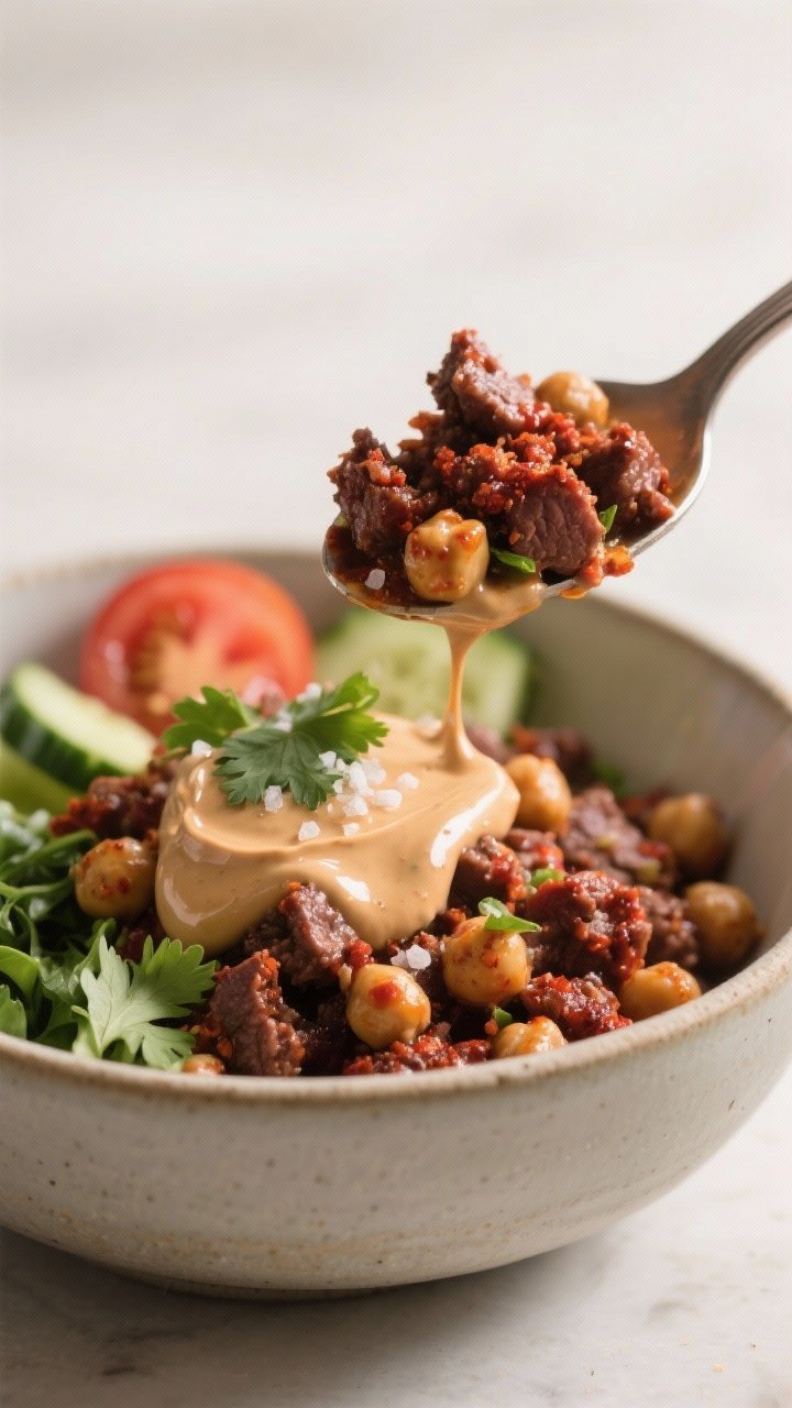 Final plated, close-up indulgence: Tight, side-angle close-up of a spoonful hovering above the assem