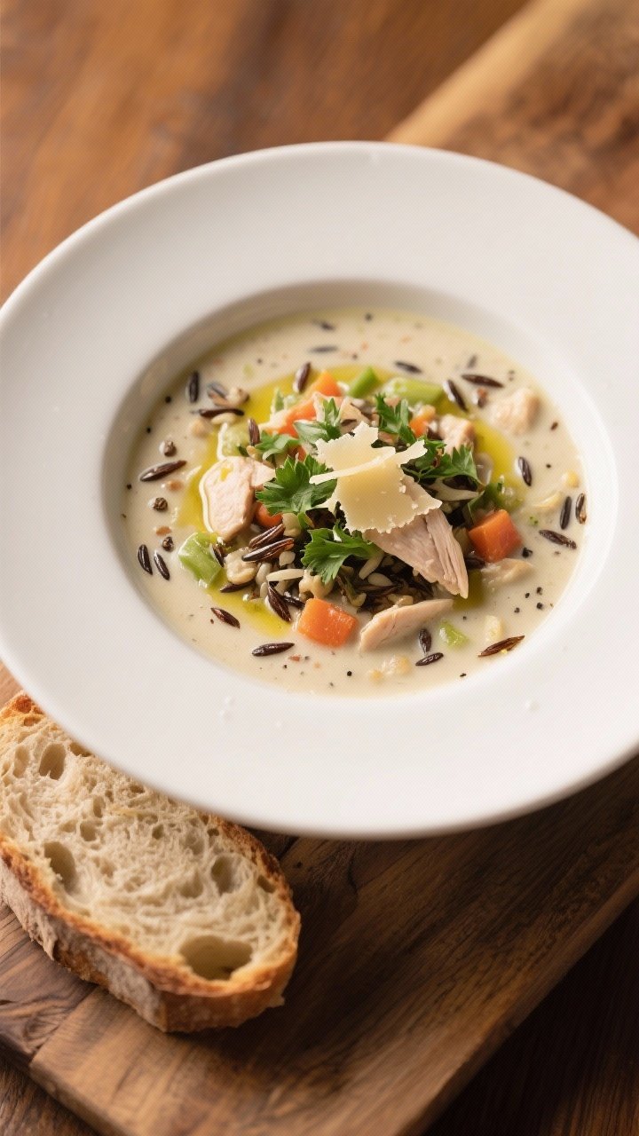 Final plated dish: Beautifully presented bowl of Creamy Chicken and Wild Rice Soup, garnished with c