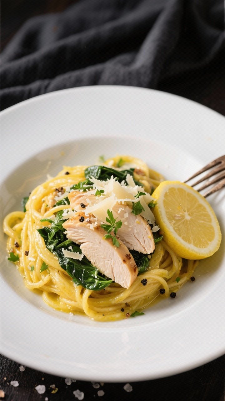 Final plated dish, restaurant presentation: Beautifully plated Spaghetti Squash with Chicken and Spi