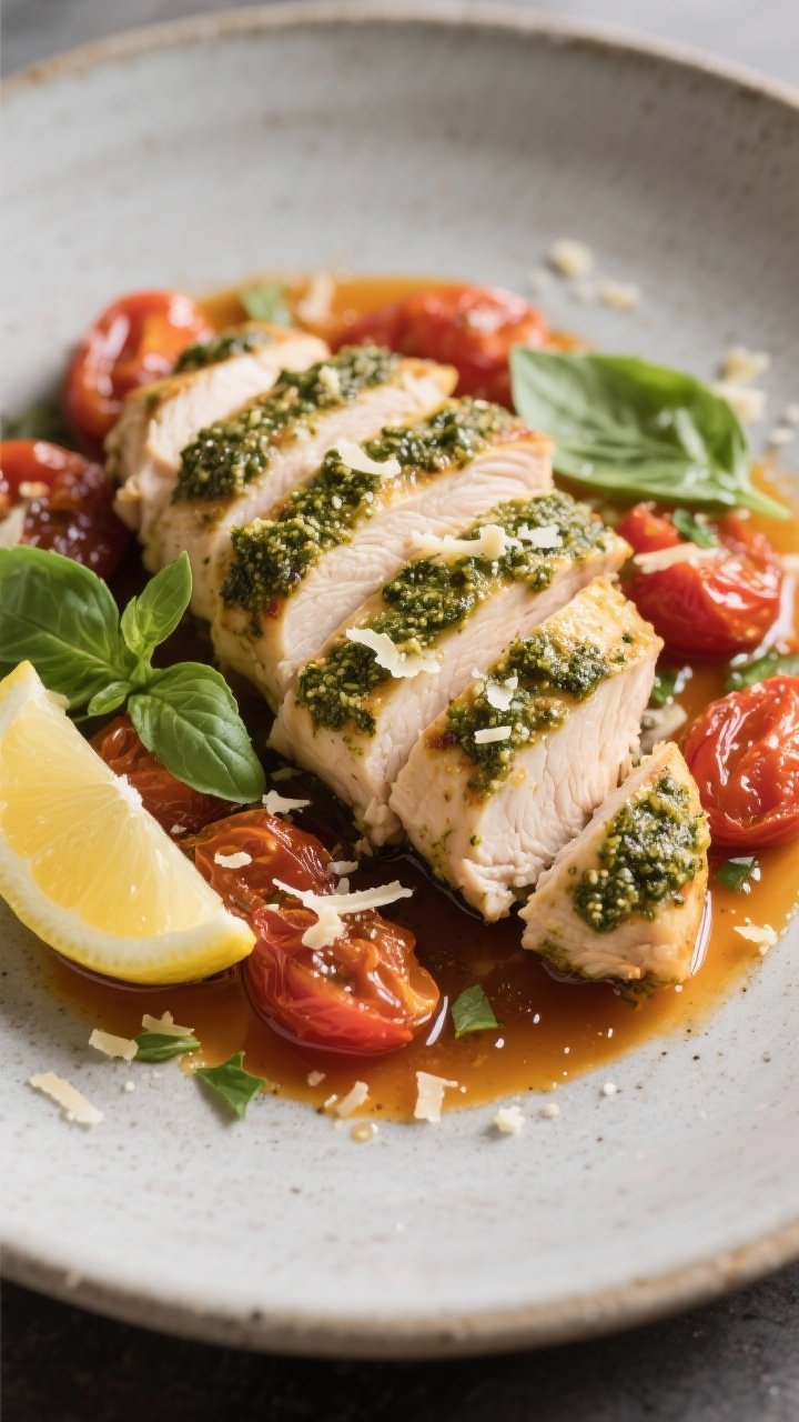 Final plated dish: Restaurant-quality presentation of sliced Baked Pesto Chicken fanned over a shall