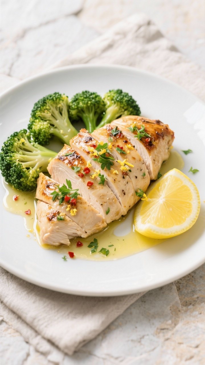 Final plated dish: Restaurant-quality presentation of Lemon Herb Grilled Chicken with Steamed Brocco
