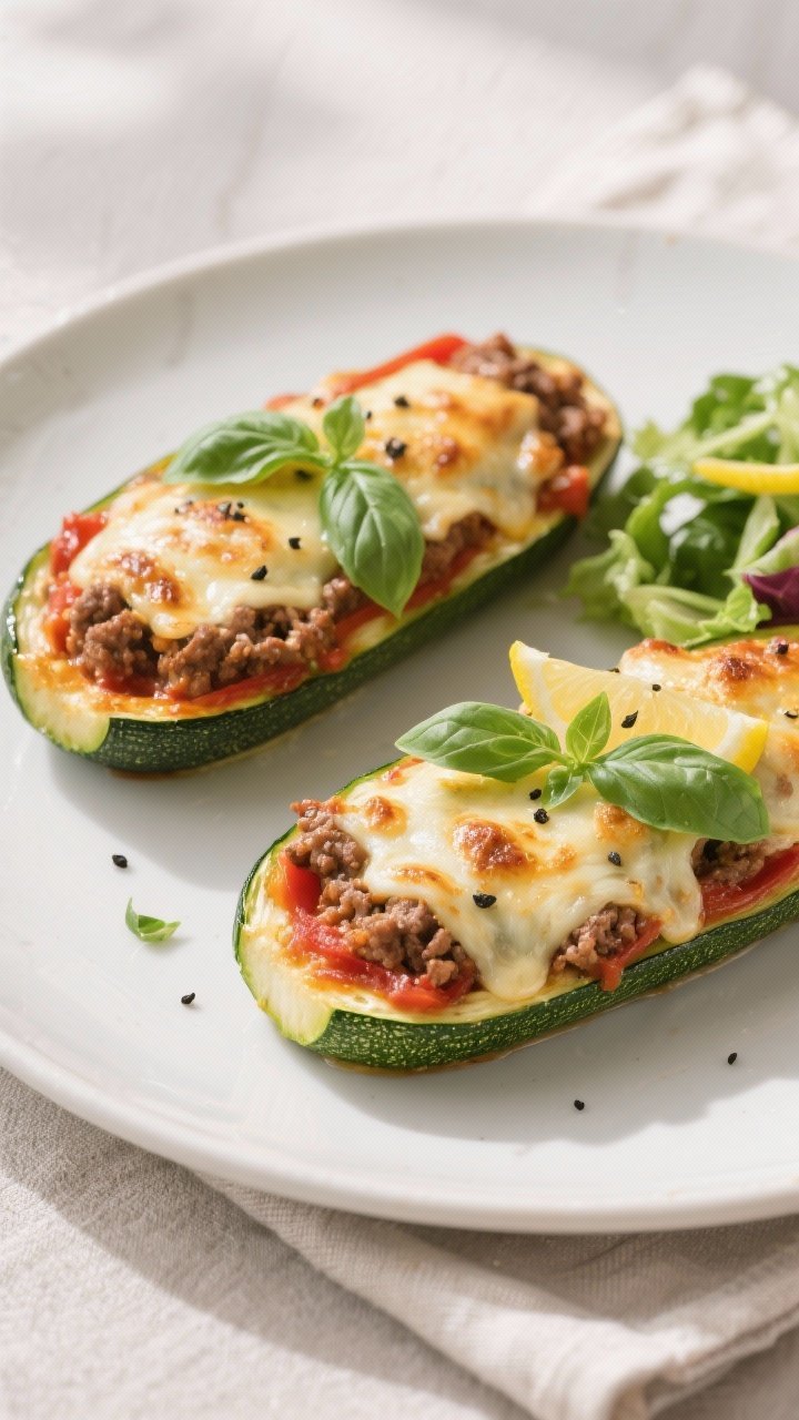 Final plated dish: Restaurant-quality presentation of two finished Healthy Ground Beef Zucchini Boat