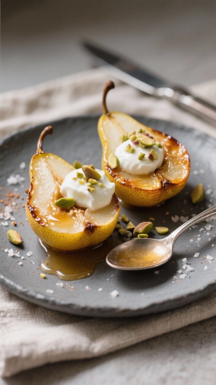 Final plated dish: Restaurant-quality presentation of two honey-lemon baked Bosc pear halves on a sl