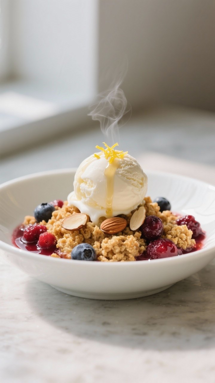 Final plated dish: Restaurant-quality presentation of a warm scoop of mixed berry crumble in a shall