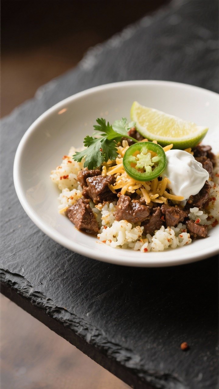 Final plated dish, restaurant-style: Beautifully plated bowl of the beef and cauliflower rice skille