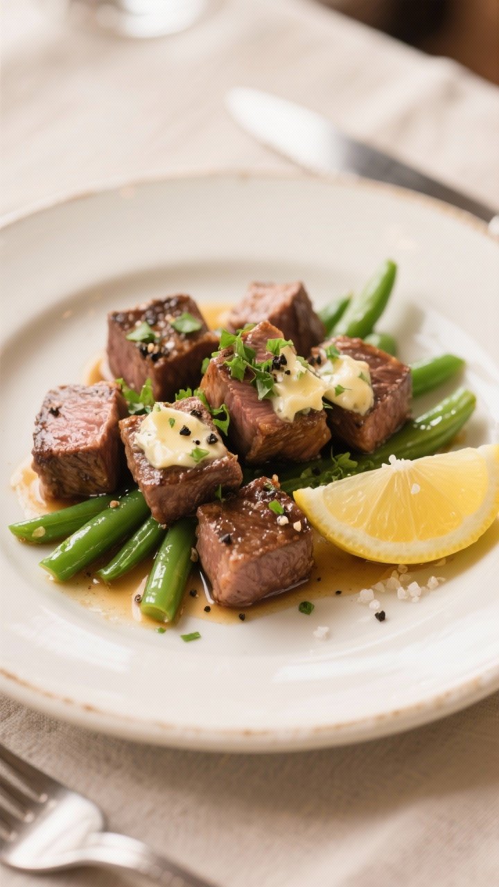 Final plated dish, restaurant-style: Garlic Butter Steak Bites with Green Beans plated on a warm whi