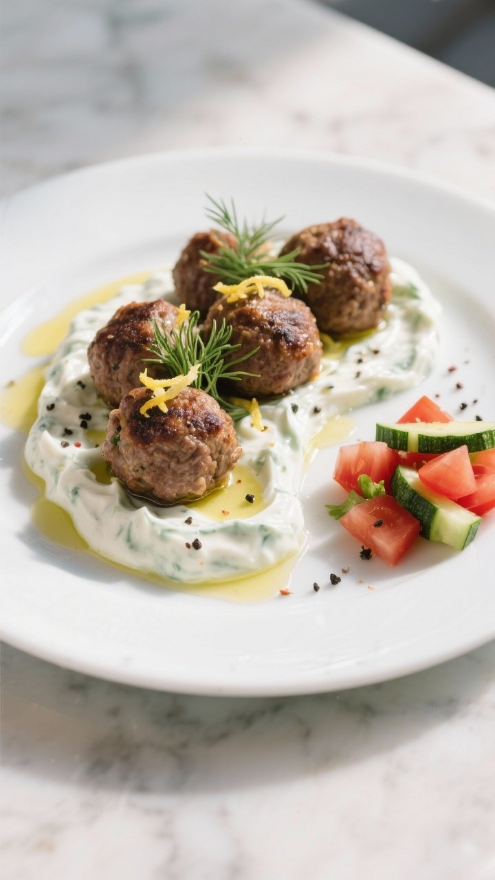 Final plated dish: Restaurant-style presentation of zucchini beef meatballs with a Mediterranean twi