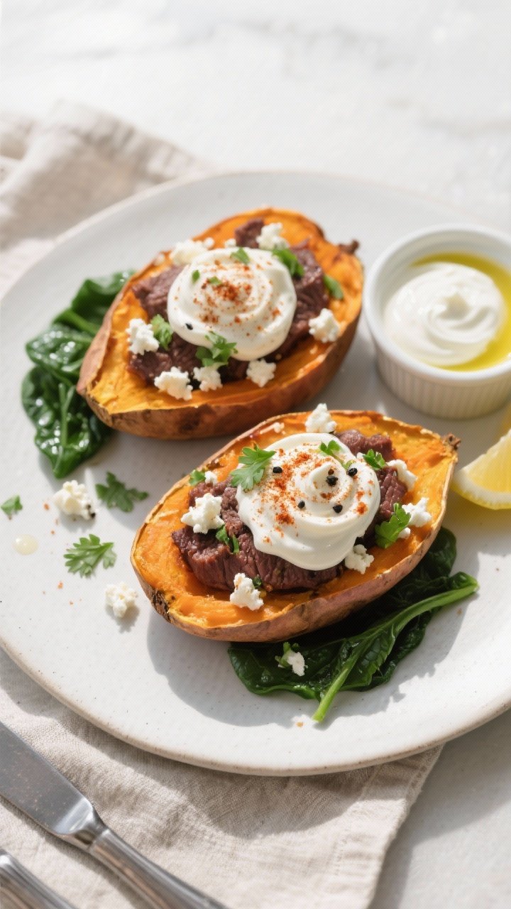 Final plated dish, top-down: Two stuffed sweet potatoes on a matte white plate, artfully arranged wi