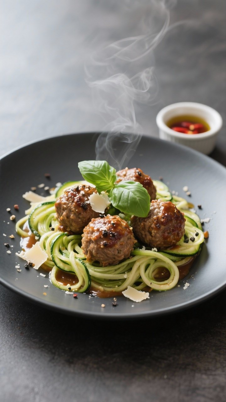 Final plated hero: Restaurant-quality presentation of Turkey Meatballs with Zucchini Noodles on a ma