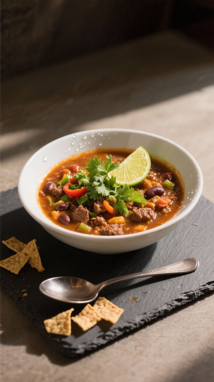 Final plated hero: Restaurant-quality presentation of Healthy Beef Taco Soup in a wide, matte white 