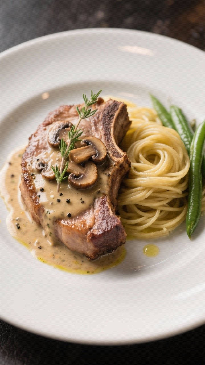 Final plated hero: Restaurant-quality presentation of a single pork chop on a wide, shallow white pl