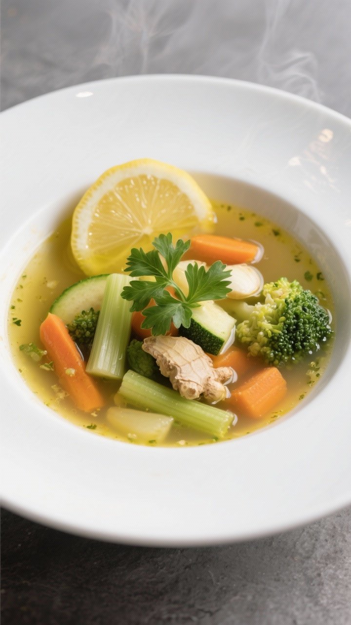 Final plated hero: Restaurant-quality presentation of the soup in a shallow white bowl, garnished wi