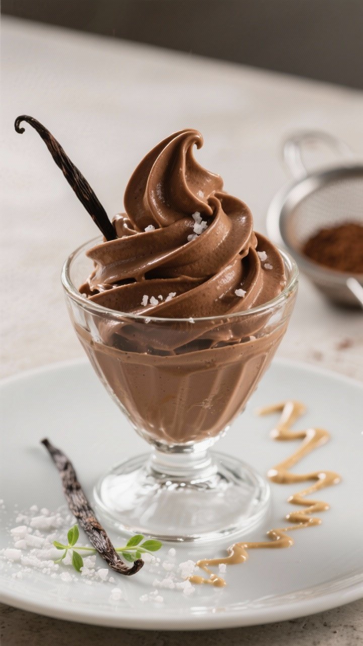 Final plated hero shot of the classic version: silky soft-serve swirl of chocolate banana nice cream