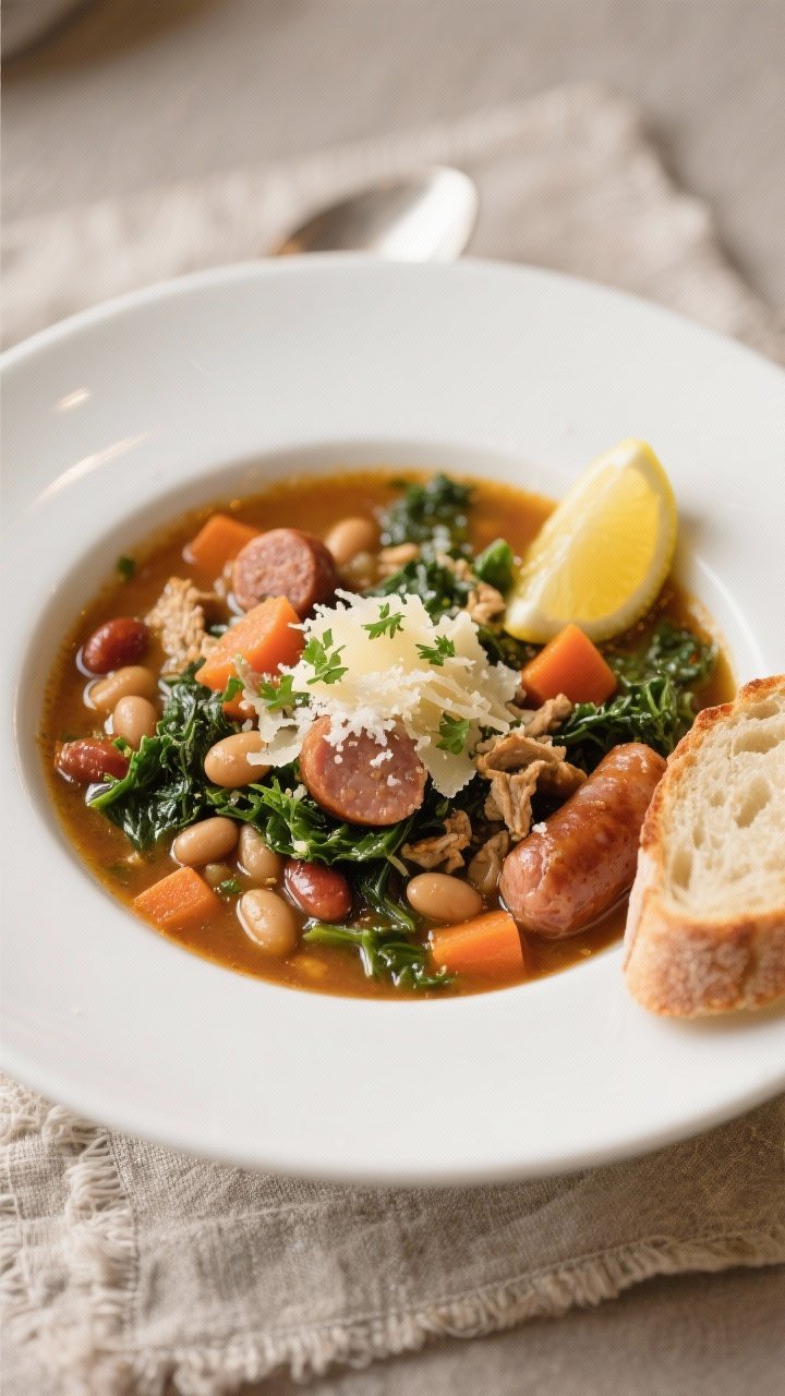 Final plated hero shot: Restaurant-quality bowl of Chicken Sausage and Kale Soup, ladled generously