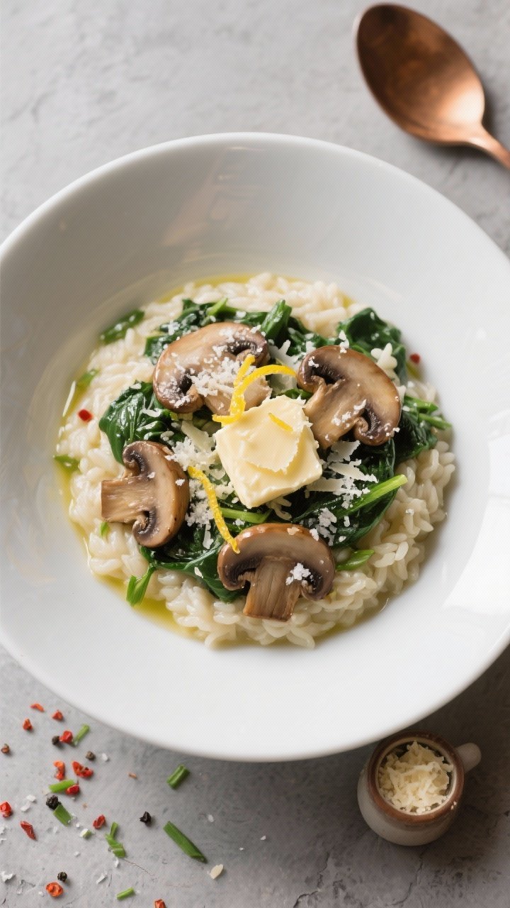 Final plated overhead: Elegant bowl of mushroom and spinach risotto plated loose and glossy, topped