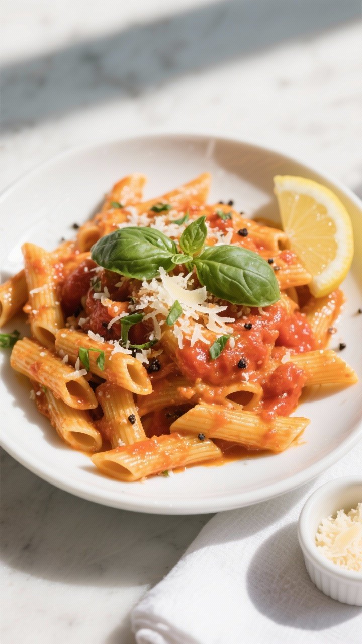 Final plated overhead: Overhead shot of creamy tomato basil pasta (penne) twirled and heaped in a wi