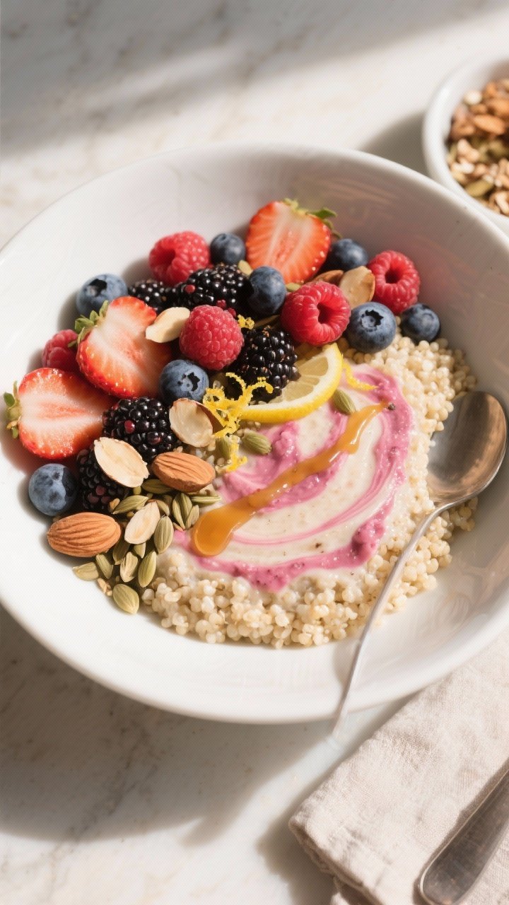 Final plated overhead: Quinoa Protein Breakfast Bowl with Berries presented warm in a wide white cer