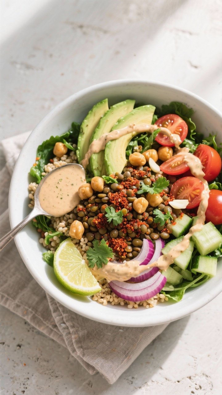 Final plated overhead: Spicy Lentil & Chickpea Power Bowl arranged in a wide white ceramic bowl—ba