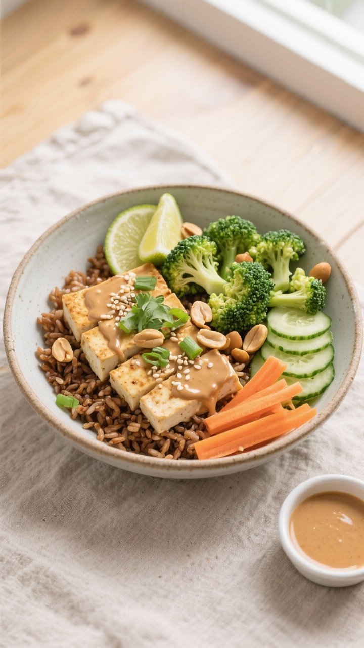 Final plated overhead: Tofu & Broccoli Peanut Protein Bowl arranged over fluffy brown rice in a wide