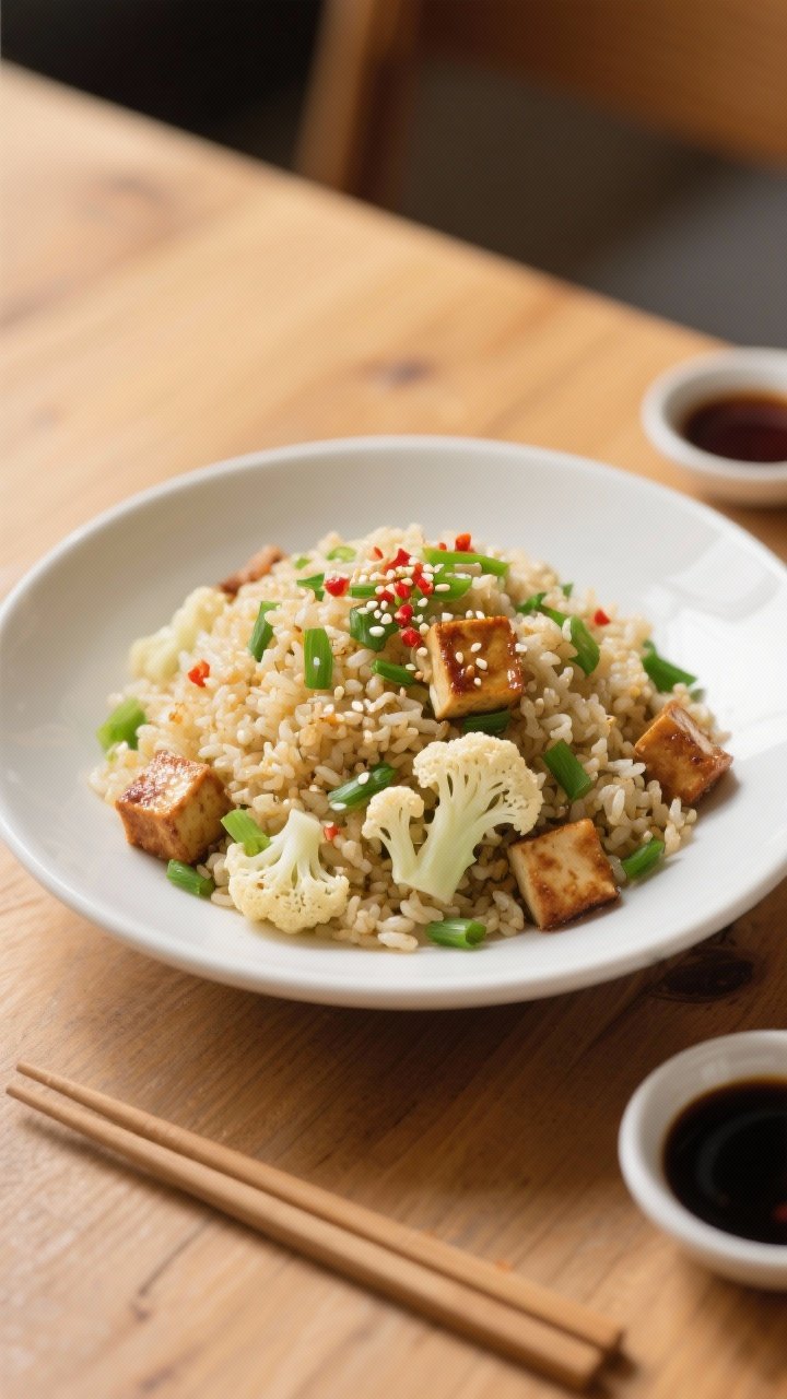Final plated presentation: Beautifully plated Cauliflower Fried Rice in a shallow white bowl, mounde