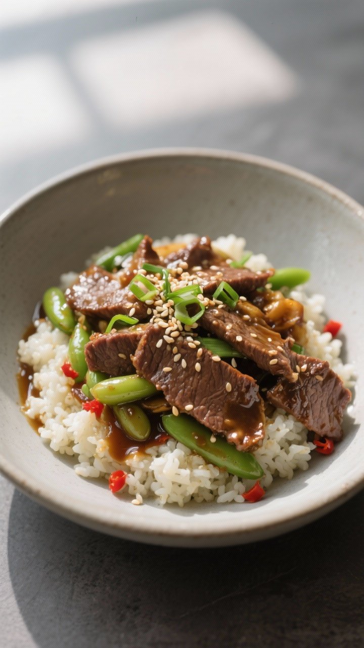 Final plated presentation: Restaurant-quality bowl of the stir fry served over fluffy cauliflower ri