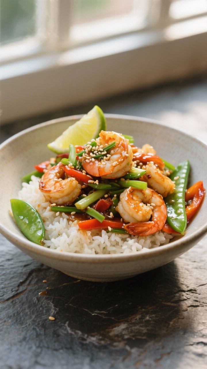 Final plated presentation: Restaurant-quality bowl of Garlic Ginger Shrimp Stir Fry served over stea