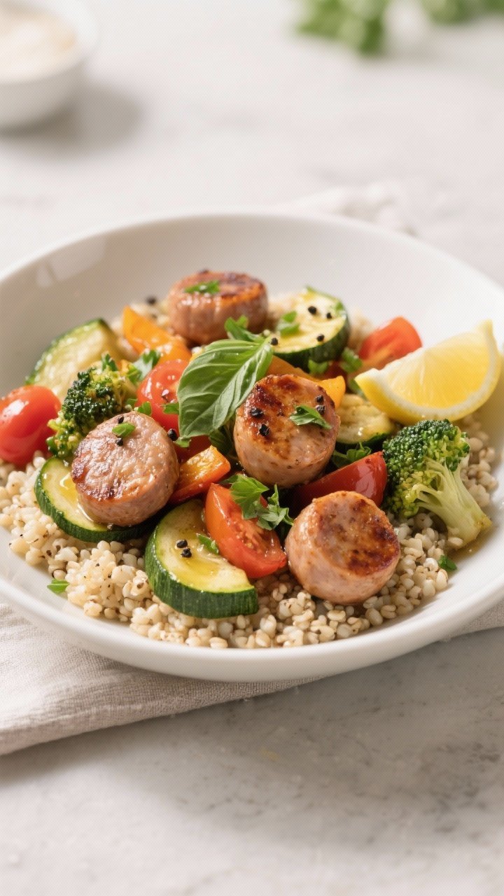 Final plated presentation: Restaurant-quality serving of Chicken Sausage and Veggie Skillet in a wid