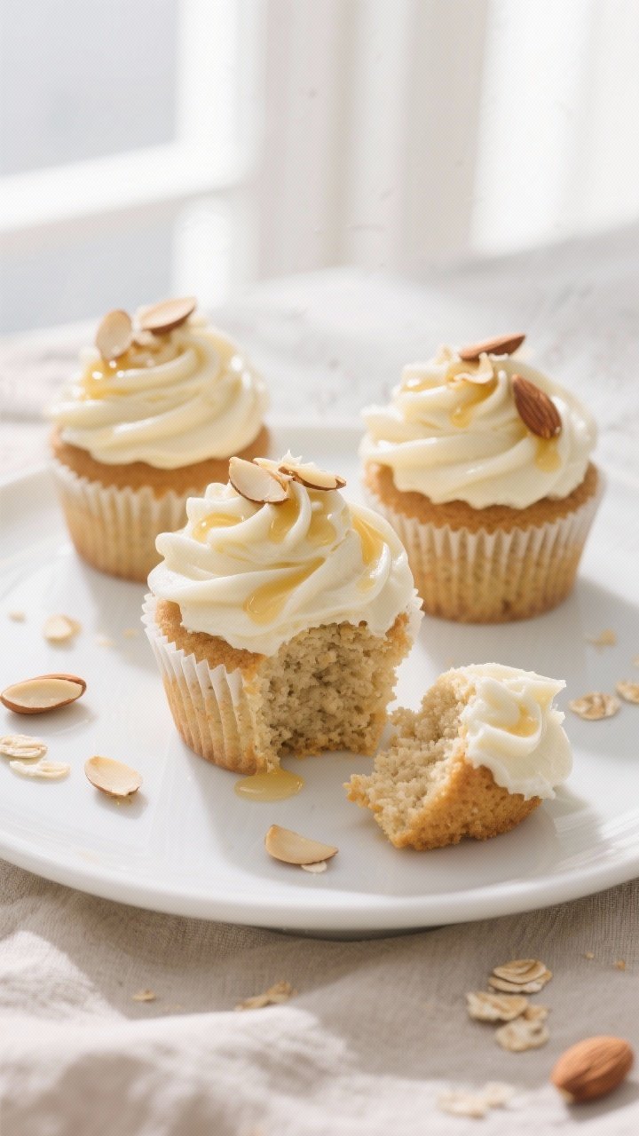 Final plated presentation: Three frosted Vanilla Almond Protein Cupcakes arranged on a simple white 