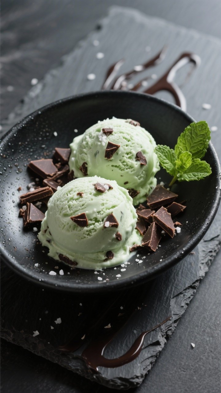 Final plated presentation: Two perfectly rounded scoops of mint chocolate chip protein ice cream in