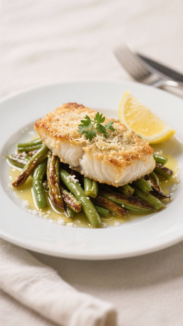 Final plated restaurant-quality presentation: Baked cod with Parmesan crust centered on a white cera