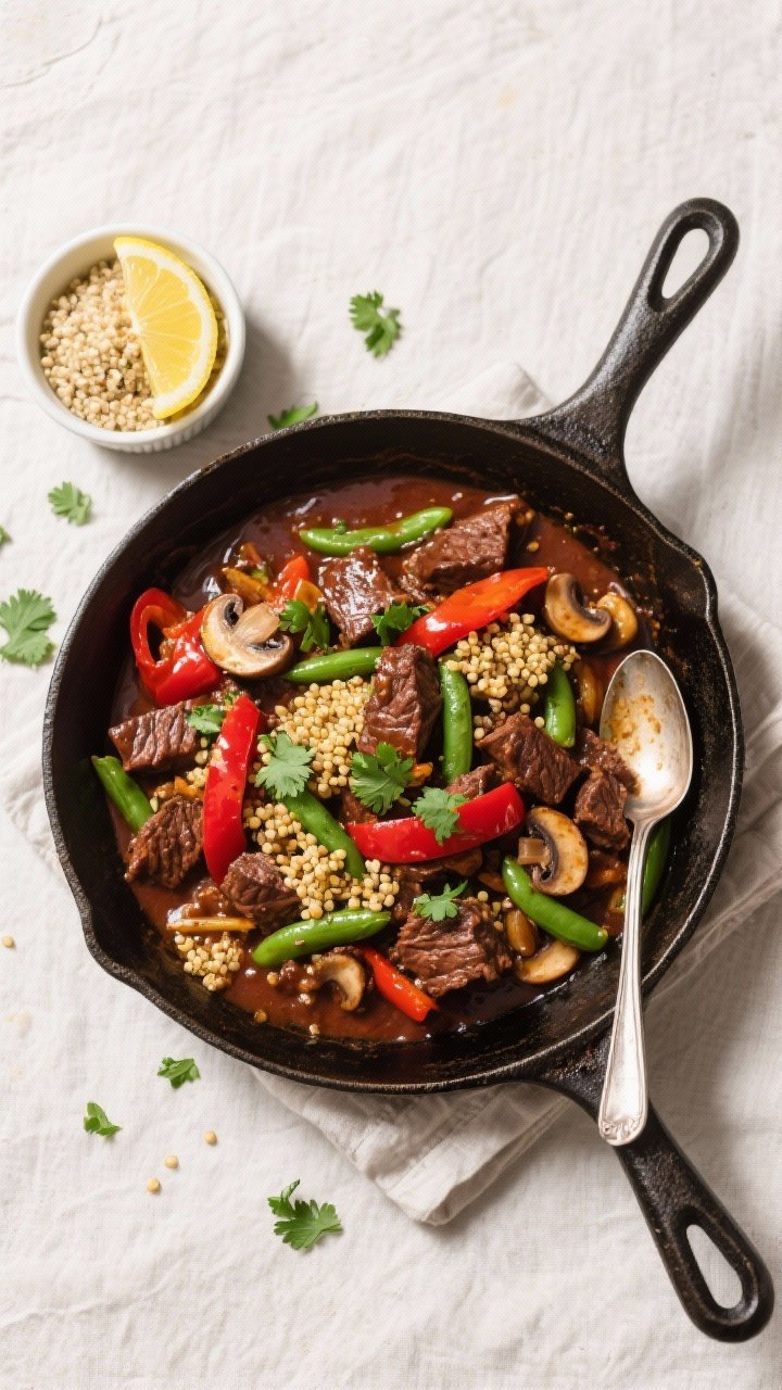 Final plated top view: Overhead, restaurant-quality presentation of Veggie-Packed Beef Skillet serve