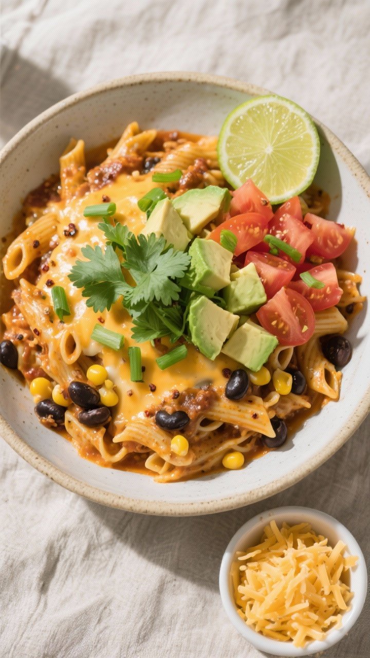 Final plated, top view: Overhead shot of a generous bowl of One-Pot Cheesy Taco Pasta, saucy and loa