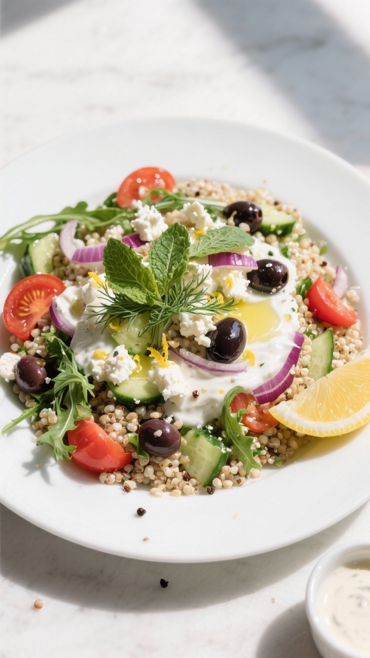 Final plated top view: Overhead shot of the finished Creamy Greek Yogurt & Quinoa Salad in a wide wh