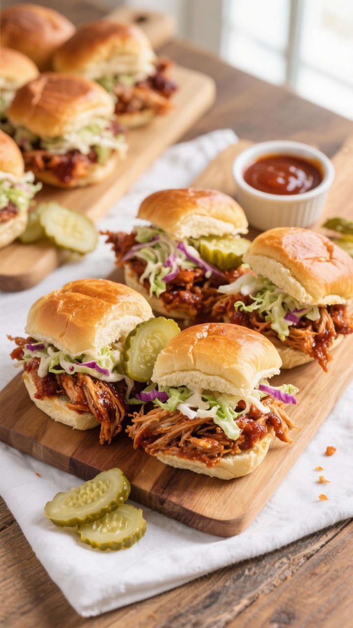 Final presentation overhead: Tasty top-down shot of BBQ pulled chicken sliders on a wooden board—b