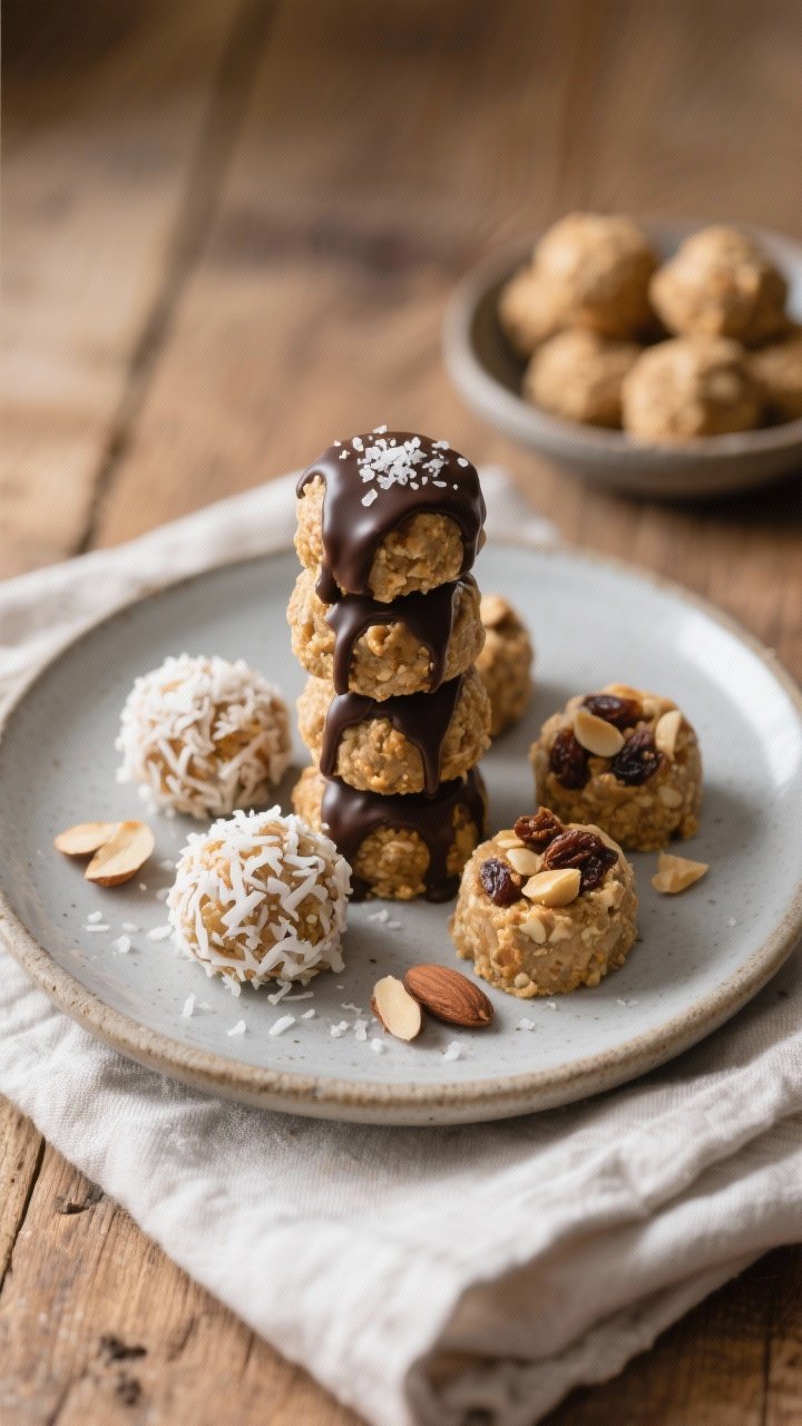 Final presentation shot: Beautifully plated stack of 5–6 no-bake peanut butter protein bites on a
