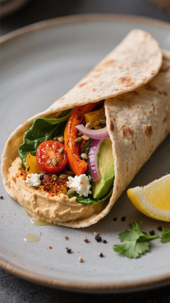 Final wrap, close-up detail: A sliced Roasted Veggie and Hummus Wrap on a matte ceramic plate—warm