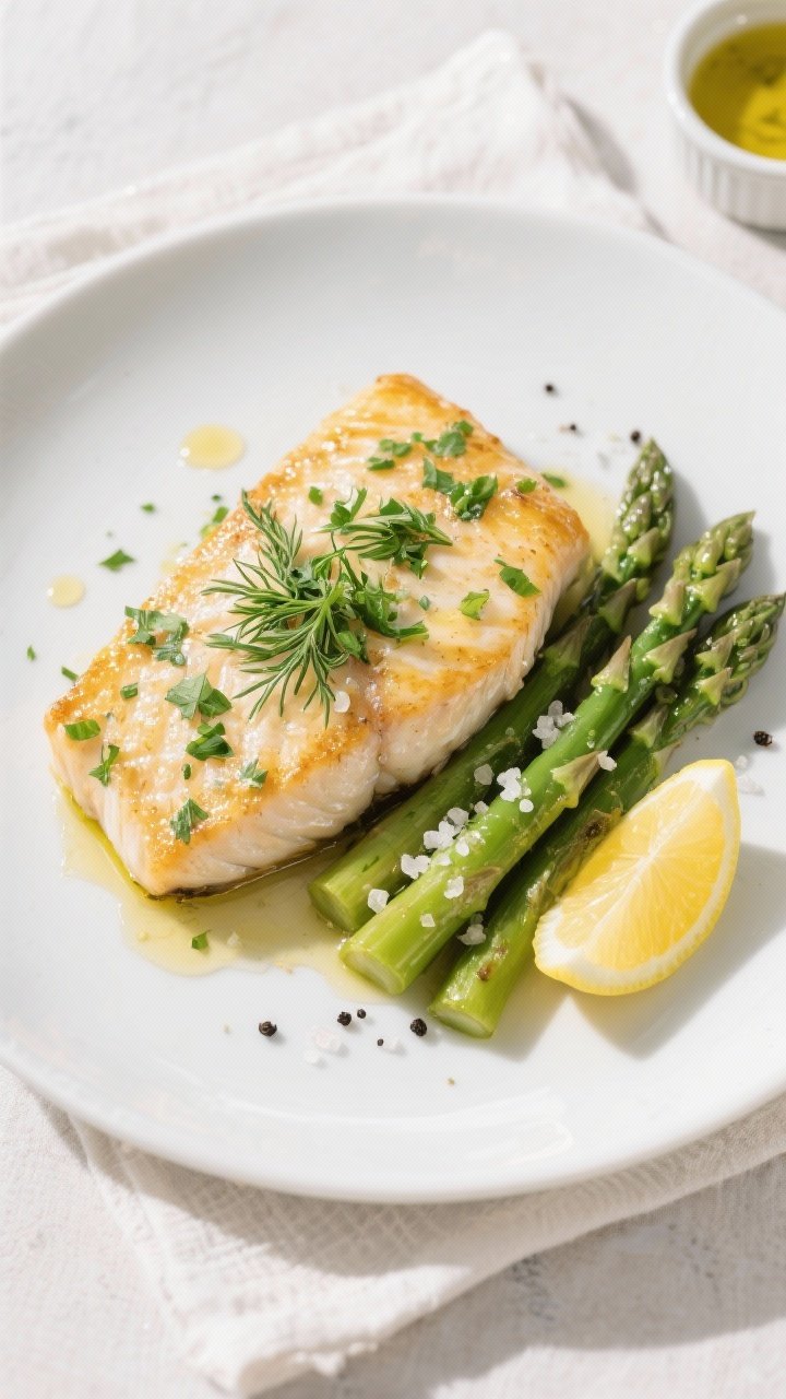 Overhead final plate: Restaurant-quality plating of Simple Lemon Herb Tilapia with Asparagus on a ma
