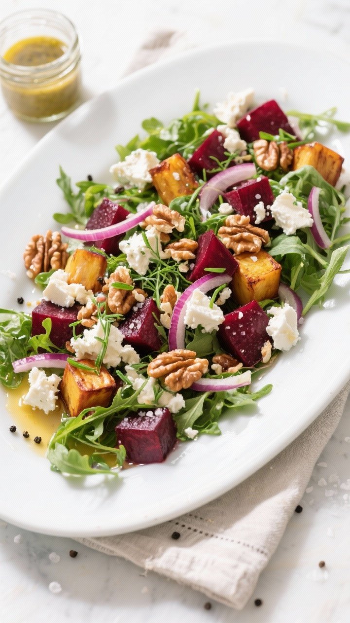 Overhead final presentation: Roasted Beet and Goat Cheese Salad arranged on a wide white platter—l