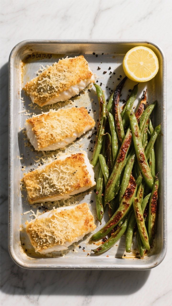 Overhead “one-pan” process shot: Sheet pan at 425°F stage right after broil—four cod fillets 